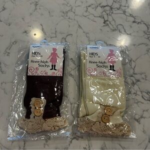 NWT Lot of 2 Little Girls Knee High Socks Ecru & Brown w/ Lace Size 5-10 Kids